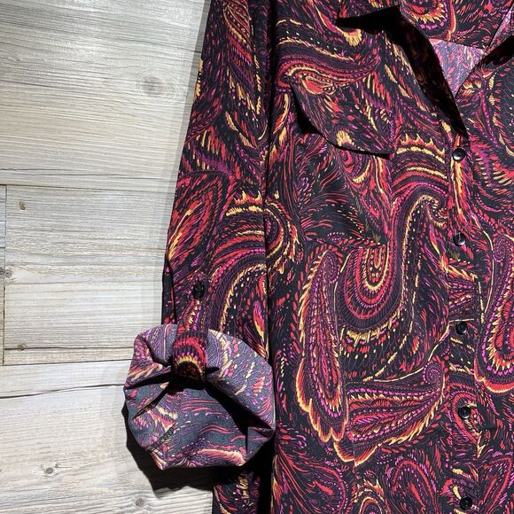 Catherines Button-Up Tunic Top Blouse 4X Red Multicolor Paisley Roll Tab Sleeves - Picture 3 of 7